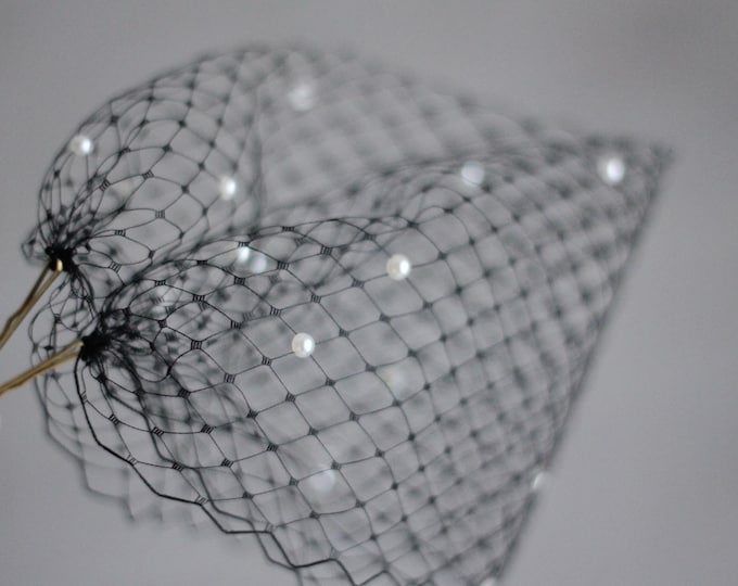 Black Pearl Veil Birdcage Veil with Scattered Pearls Wedding Veil Pearl Adorned Headpiece Veil Special Occasion