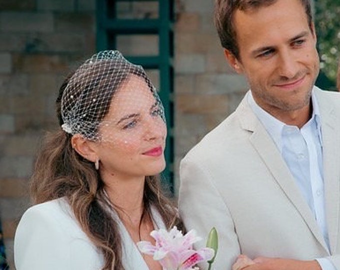 Pearl Birdcage Veil Short Bridal Veil Scattered Pearl Veiled Headpiece Civil Ceremony Fascinator Town Hall Wedding Veil