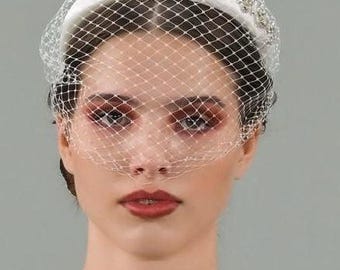 Birdcage Veil Headband with Pearls, Satin Headband Veil, Bridal Birdcage Veil Short, Bird Cage Fascinator Wedding Veil Headband
