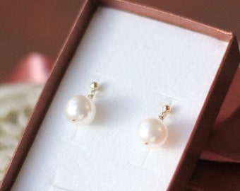 Bridal Pearl Earrings Dangle Pearl Earrings Short Wedding Pearl Jewelry, Gold-Filled Earrings Round Pearl Dangle Studs