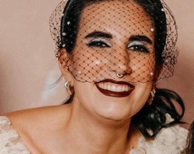 Black Headband Veil Birdcage Headpiece Bridal Veil with Pearls Church Veil Fascinator Wedding Veil Black