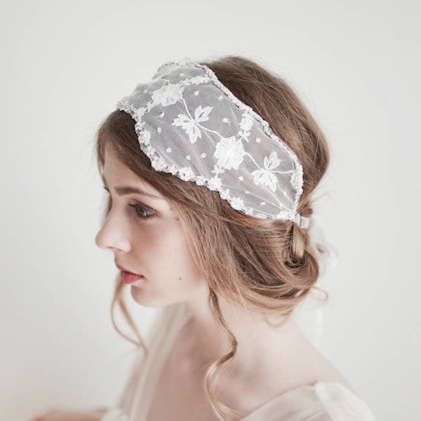 Lace Headband Covering, Juliet Cap Veil, Vintage Lace Wedding Headpiece, Bridal Lace Headband, Veil Alternative