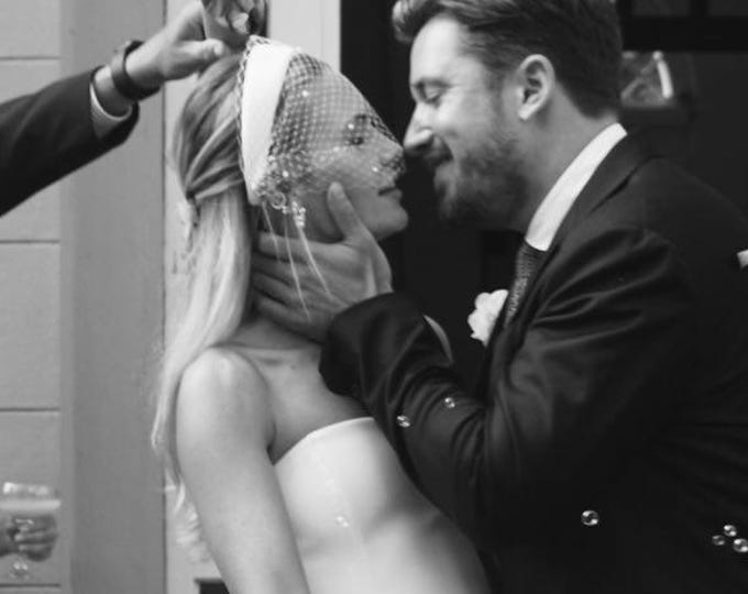 Satin Headband with Pearl Birdcage Veil: Civil Ceremony Wedding Courthouse Headpiece