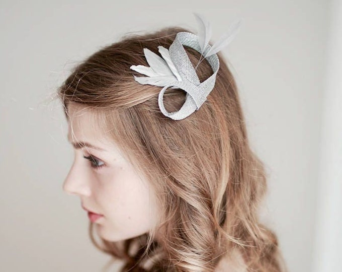 Silver Hair Clip, Silver Fascinator with Feathers, Bridal Hair Clip, Wedding Hair Clip
