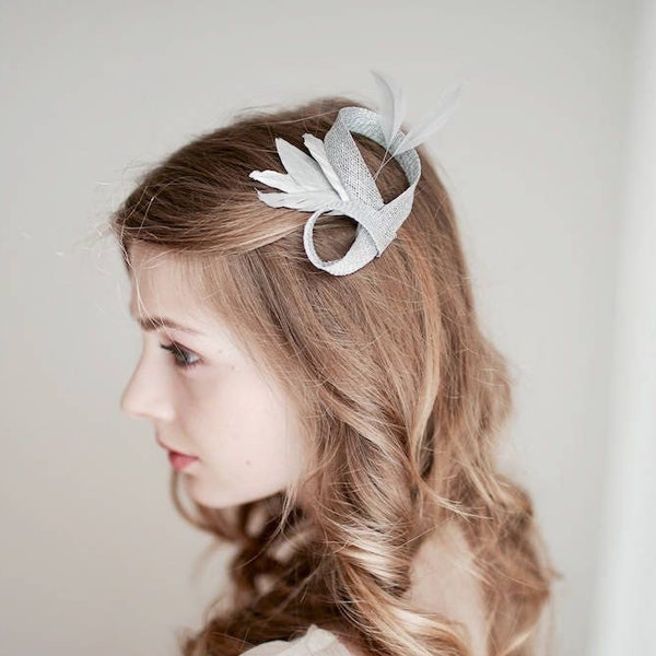 Silver Hair Clip, Silver Fascinator with Feathers, Bridal Hair Clip, Wedding Hair Clip