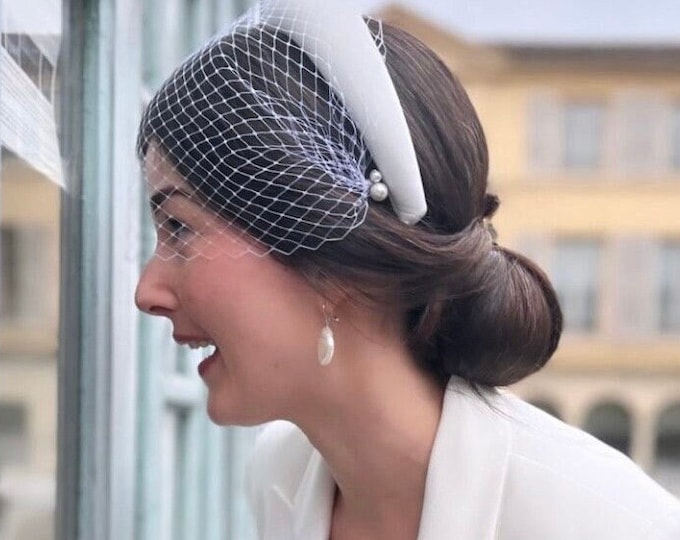 Birdcage Veil Headband Velvet White Headpiece Courthouse Wedding Veil Short Face Veil Civil Ceremony
