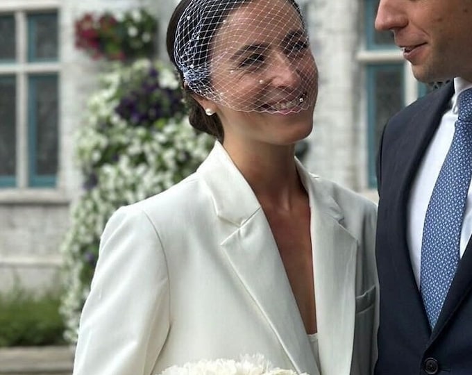 Pearl Wedding Veil Courthouse Headpiece Civil Ceremony Veil Bridal Pearl-Adorned Veil City Hall Wedding Veil