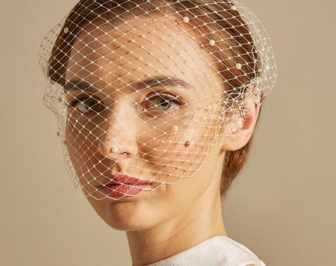 Birdcage Veil with Pearls, Scattered Pearl Veil, Bridal Birdcage Veil, Wedding Pearl Veil, Ivory Pearl Veil, White Pearl Veil