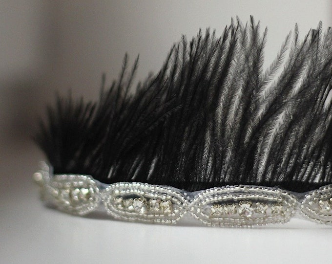 Black Feather Crown, Rhinestone Crown, Bridal Tiara, Boho Wedding, Vintage Inspired Crown, Custom Color: White, Black