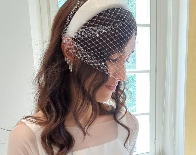 Pearl Birdcage Veil & Cream Headband: 2 pcs Headpiece Civil Wedding Veiled Fascinator for Courthouse Elopement Bridal Veil
