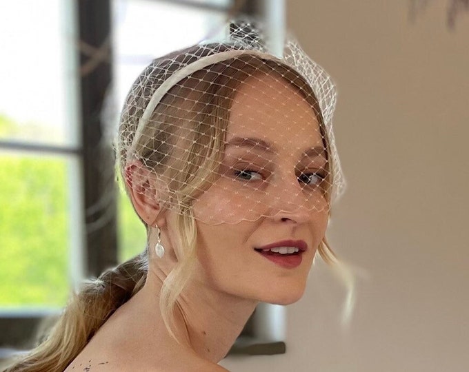 Birdcage Veil Headband with Veil, Bridal Birdcage Veil, Bridal Bird Cage Fascinator, Wedding Veil Headband