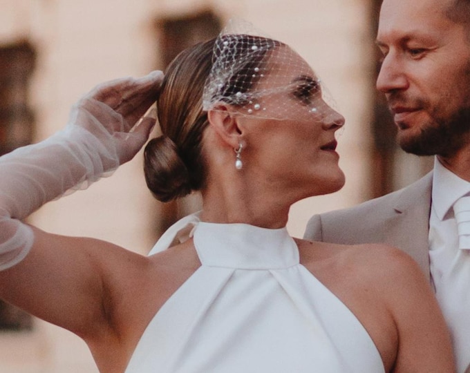 Civil Wedding Veil Birdcage Pearl Veil Bridal Face Veil with Pearls Wedding Courthouse Veil City Hall