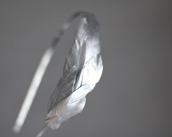 Silver Feather Headband Silver Metallic Headpiece Bridal Grecian Headband Bridesmaid Gift Wedding Gold Headband