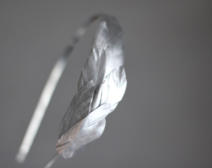 Silver Headband Feather Crown Silver Metallic Bridal Headpiece Grecian Headband Wedding Headband Chrome