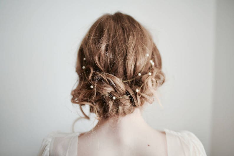Pearl Hair Chain, Bridal Pearl Headband, Boho Headband, Pearl Hair Accessories, Custom color: Bronze, Gold, Rose Gold, Silver Chain image 2