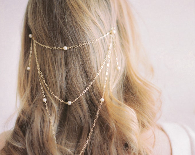 Pearl Hair Chain, Pearl Headband, Infinity Chain with Pearls, Color: Silver Chain, Rose Gold Chain, Gold Chain, Style 401