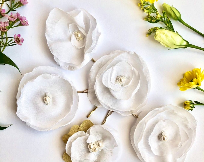 Bridal Flower Hair Pins, Set of 5, White Flower Girl Hair Clips, Chiffon Flower Hair Accessories, Woodland Bride, Bridesmaids Gift