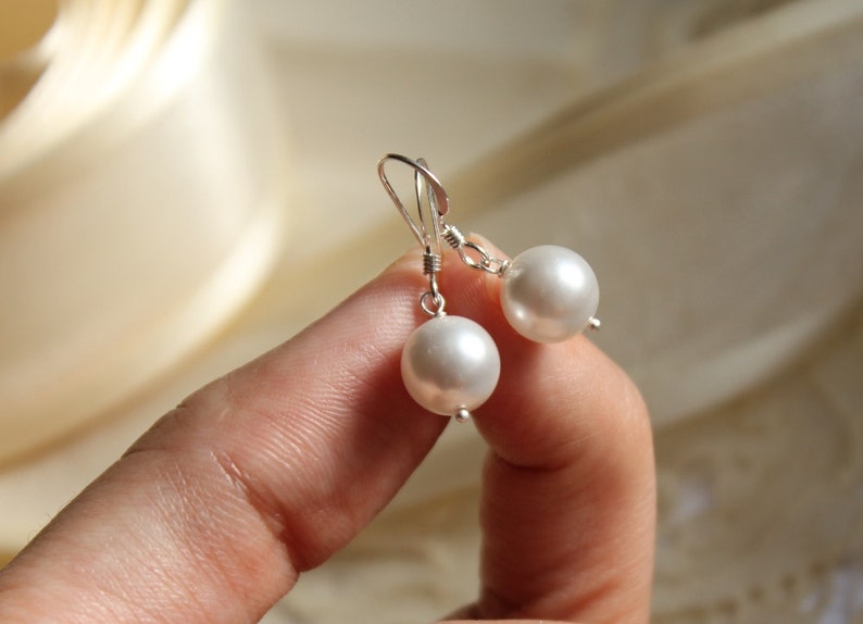 Large Pearl Bridal Earrings, Custom Color Pearl, Bridesmaids Earrings, Sterling Silver Wedding Earrings image 4