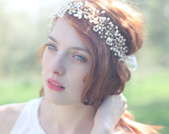 Bridal Pearl Headband Wedding Pearl Hair Vine for Bride Wedding Pearl Headband Large, Freshwater Pearl Headband