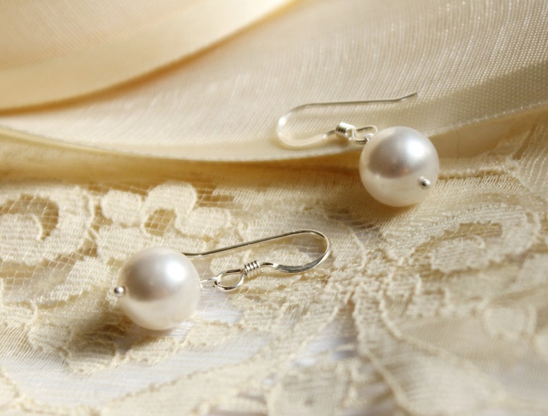 Large Pearl Bridal Earrings, Custom Color Pearl, Bridesmaids Earrings, Sterling Silver Wedding Earrings image 1