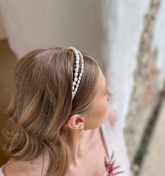 Freshwater Pearl headband Bella Freshwater Pearl Gold Wedding Headband | Lace & Favour main image 4