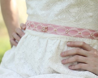 Lace Sash Belt, Pink Pearl Belt, Blush Wedding, Wedding Dress Sash, Pink Wedding, Vintage Lace Belt, Custom Color