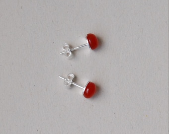 Red Post Earrings, Red Stud Earrings, Red Studs, Red Round Studs, Red Carneol Carnelian, Sterling Silver Earrings