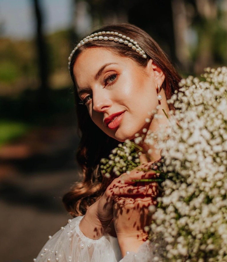 Diadema de perlas dobles, diadema de perlas de agua dulce, diadema de perlas nupciales, diadema de perlas de boda Civil, tocado de perlas para novia imagen 3