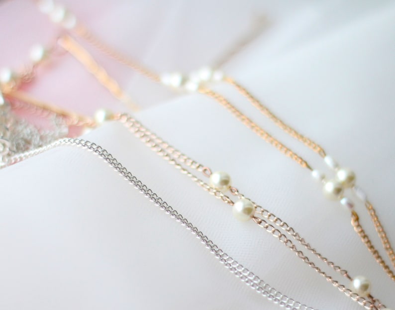 Pearl Hair Chain, Bridal Pearl Headband, Boho Headband, Pearl Hair Accessories, Custom color: Bronze, Gold, Rose Gold, Silver Chain image 3