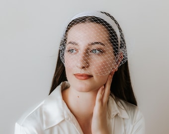 Satin Headband Birdcage Veil, Pearl Embellished Bridal Fascinator Wedding Accessory Civil Ceremony Courthouse Elopement Headpiece