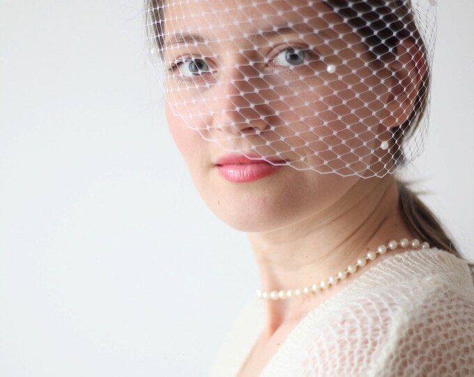 Pearl Wedding Veil, Bridal Birdcage Pearl Veil, Bandeau Pearl Veil, Champagne Veil, White Veil, Ivory Veil, Black Veil