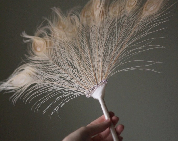 Ivory or Real Peacock Feather Fan, Art Deco Hand Fan, Old Hollywood Wedding, Bridal Bouquet Alternative