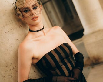 Black Pearl Veil Birdcage Wedding Guest Veil Scattered Pearl Veiled Headband Bridal Veil Church
