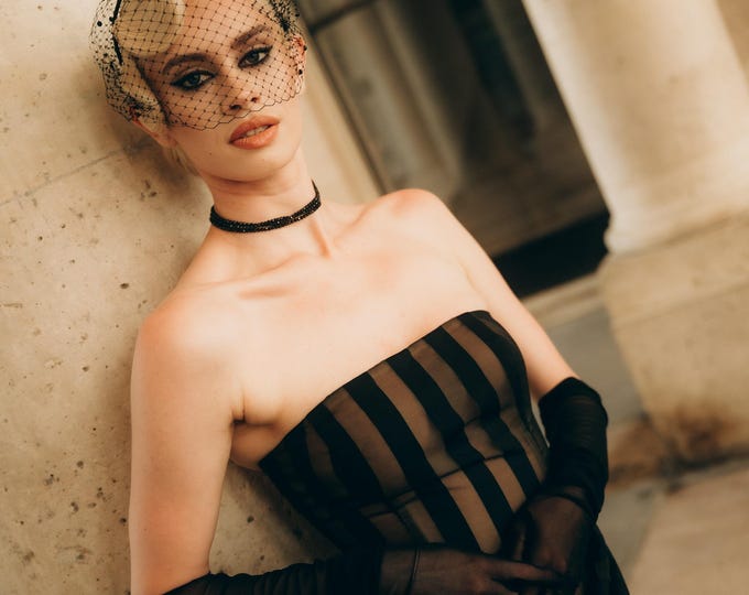 Black Pearl Veil Birdcage Wedding Guest Veil Scattered Pearl Veiled Headband Bridal Veil Church