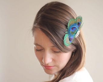 Peacock Headpiece, Peacock Hair Clip, Bridal Head Piece, Rhinestone Hair Clip, Wedding Hair Accessories, Bridal Party Clip, Teal Green