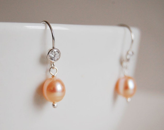 Bridal Pink Pearl Earrings, Freshwater Pearl Earrings, White Pearl Earrings, Sterling Silver Dangles, Wedding Pearl Jewelry