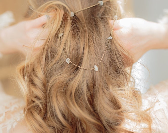 Crystal Quartz Hair Chain for Wedding Bohemian Head Chain Crystal Hair Chain Rose Quartz Hair Chain Pearl Hai Chain