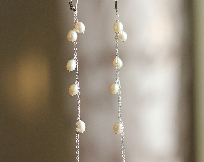 Freshwater Pearl Long Earrings, Bridal Pearl Earrings, Sterling Silver Earrings, Pearl Jewelry, Bridal Party Jewelry, Custom Color