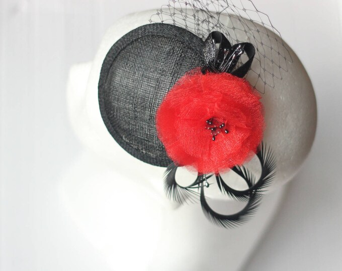 Black Hat Wedding Guest Hat Black Cocktail Hat Black Fascinator with Red Flower Formal Hat Black Mini Hat