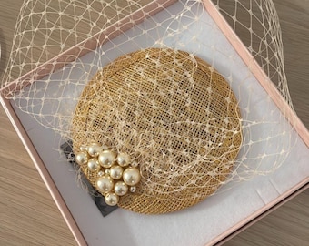 Gold Hat Mini Veil Birdcage Bridal Veil Blusher Mini Hat Fascinator Courthouse Wedding Headpiece Civil Ceremony