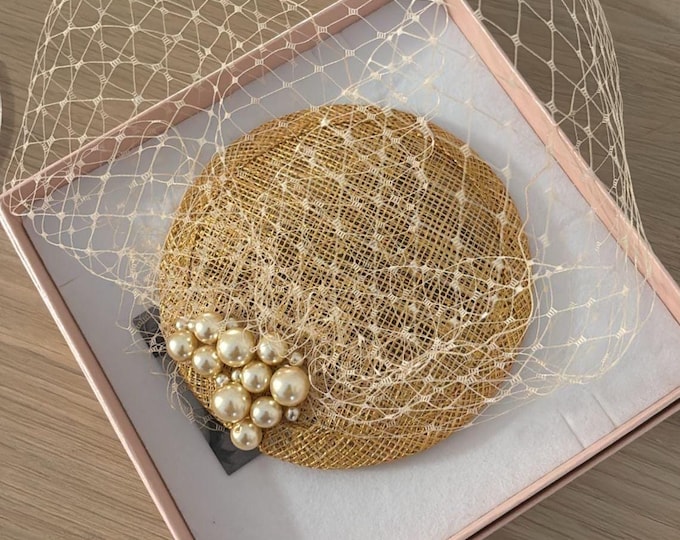 Gold Hat Mini Veil Birdcage Bridal Veil Blusher Mini Hat Fascinator Courthouse Wedding Headpiece Civil Ceremony