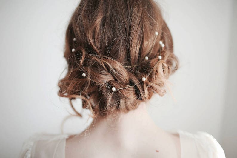 Pearl Hair Chain, Bridal Pearl Headband, Boho Headband, Pearl Hair Accessories, Custom color: Bronze, Gold, Rose Gold, Silver Chain image 1