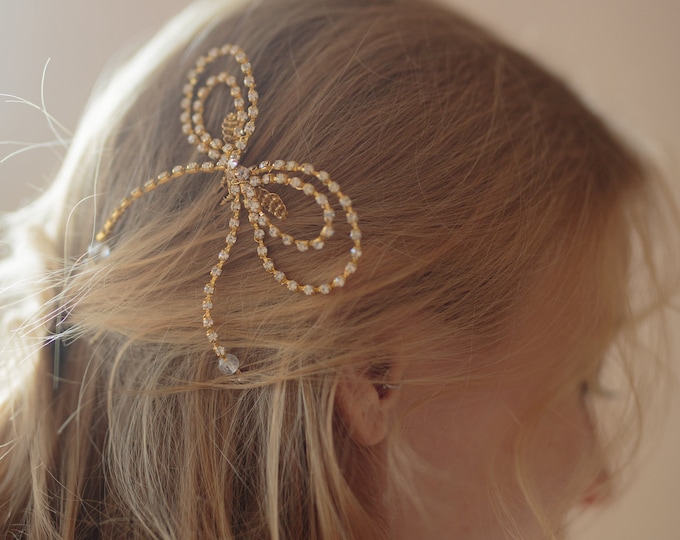 Bridal Bow Hair Piece, Gold Bow Hair Pin, Crystal Hair Bow, Wedding Hair Accessory, Style 415