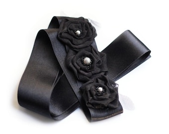 Black Sash Bridal Floral Sash Belt Flower Girl Sash Wedding Flower Belt Sash Bridesmaid Sash