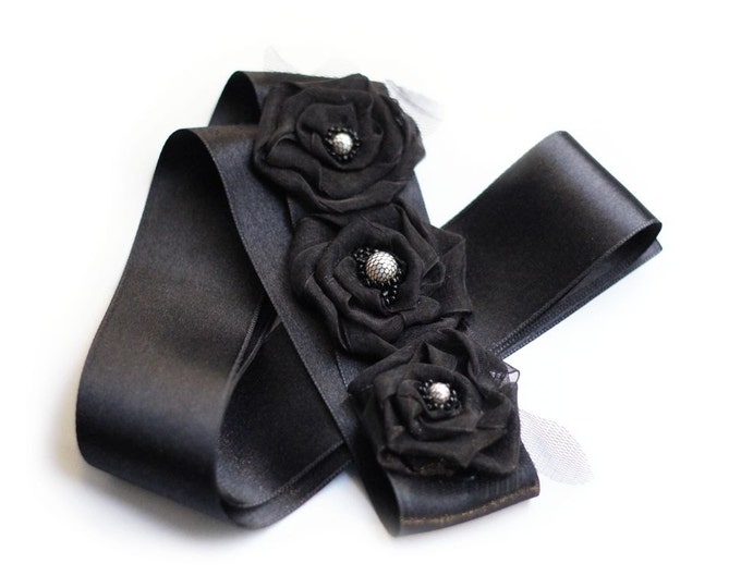 Black Sash Bridal Floral Sash Belt Flower Girl Sash Wedding Flower Belt Sash Bridesmaid Sash