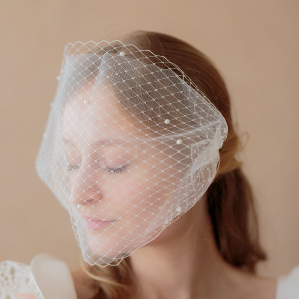 Birdcage Veil Double Layer Wedding Veil with Pearls Tulle Veil Bird Cage Veil Scattered Pearl