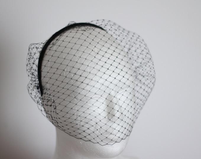 Black Veil on Satin Headband, Black Birdcage Veil, Bridal Birdcage Fascinator, Wedding Guest Veil