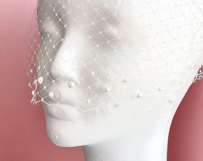 Bridal Pearl Birdcage Veil - Civil Wedding Veil with Pearls Scattered Headpiece Courthouse