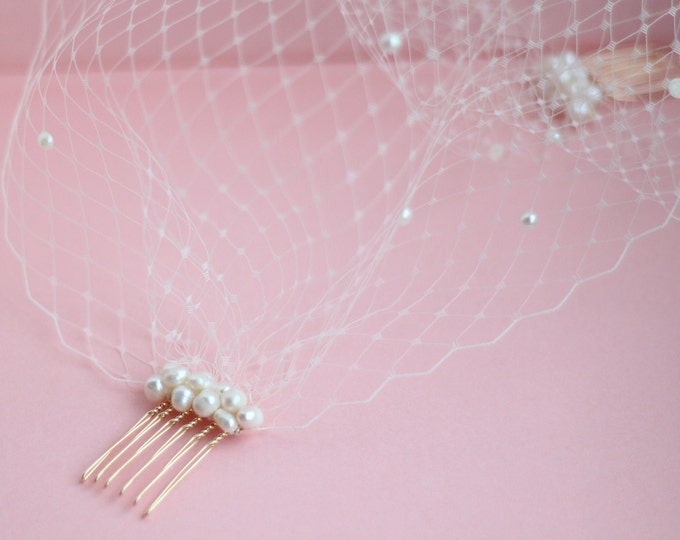Civil Wedding Pearl Veil with Pearl Birdcage Veil Short Bridal Veil Scattered Pearl Veil Pearl-Adorned Veil City Hall Wedding Veil