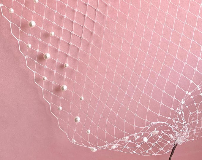 Bridal Pearl Birdcage Veil - Civil Wedding Veil with Pearls Scattered Headpiece Courthouse